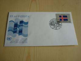 Islanti, lippusarja Yhdistyneet Kansakunnat, YK, United Nations, 1986, ensipäiväkuori, FDC. Minulla on myös juuri tulleet yli 100 muuta YK:n lippusarjan
