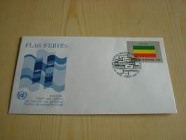 Ethiopia, lippusarja Yhdistyneet Kansakunnat, YK, United Nations, 1986, ensipäiväkuori, FDC. Minulla on myös juuri tulleet yli 100 muuta YK:n lippusarjan