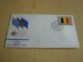 Belgia, lippusarja Yhdistyneet Kansakunnat, YK, United Nations, 1982, ensipäiväkuori, FDC. Minulla on myös juuri tulleet yli 100 muuta YK:n lippusarjan