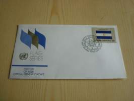 Nicaragua, lippusarja Yhdistyneet Kansakunnat, YK, United Nations, 1982, ensipäiväkuori, FDC. Minulla on myös juuri tulleet yli 100 muuta YK:n lippusarjan