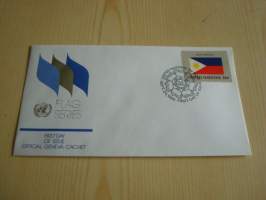 Filippiinit, lippusarja Yhdistyneet Kansakunnat, YK, United Nations, 1982, ensipäiväkuori, FDC. Minulla on myös juuri tulleet yli 100 muuta YK:n lippusarjan