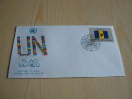 Barbados, lippusarja Yhdistyneet Kansakunnat, YK, United Nations, 1983, ensipäiväkuori, FDC. Minulla on myös juuri tulleet yli 100 muuta YK:n lippusarjan