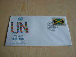 Jamaika, lippusarja Yhdistyneet Kansakunnat, YK, United Nations, 1983, ensipäiväkuori, FDC. Minulla on myös juuri tulleet yli 100 muuta YK:n lippusarjan