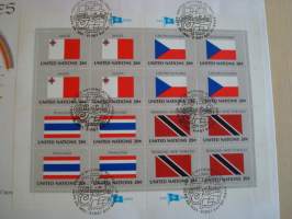 Malta, Tsekkoslovakia, Thaimaa ja Trinidad &amp; Tobago, lippusarja Yhdistyneet Kansakunnat, YK, United Nations, 1981, ensipäiväkuori, FDC. Huom. kuoren koko on noin