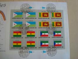 Djibouti, Sri Lanka, Bolivia, Päiväntasaajan Guinea, lippusarja Yhdistyneet Kansakunnat, YK, United Nations, 1981, ensipäiväkuori, FDC. Huom. kuoren koko on