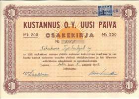 Kustannus  Oy Uusi Päivä , 200 mk  osakekirja,  Turku 5.10.1948