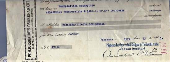 Pohjoismainen Osakepankki Kauppaa ja Teollisuutta varten Vaasa 1915 /Kauppiaitten Oy shekki