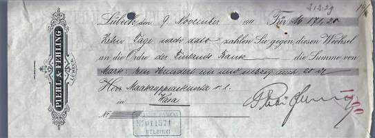 Maakauppiaskunta  Vaasa / Piehl &amp; Fehling Lubeck  1911  shekki