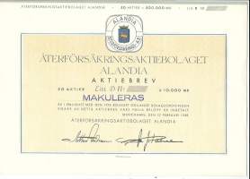 Återförsäkrings Ab  Alandia  50x  10  000 mk , osakekirja, Mariehamn 12.2.1948