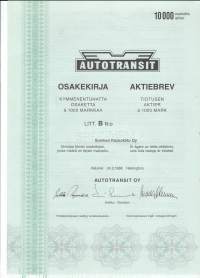 Autotransit Oy10 000x1 000mk , osakekirja, Helsinki 24.2.1988