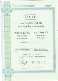 Pankkiiriliike Evli Oy 100x40 mk , osakekirja, Helsinki  29.9.1995