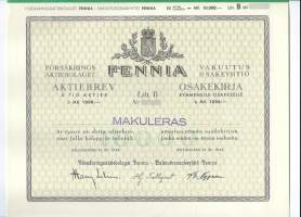 Fennia Vakuutus Oy Ab   Litt B 10x1 000 mk , osakekirja, Helsinki 31.12.1943