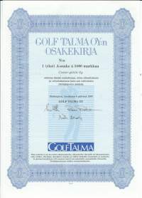 Golf  Talma Oy  5 000 mk , osakekirja, Helsinki 6.6.1989