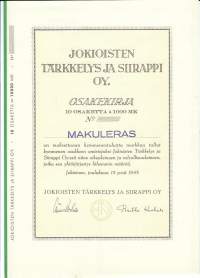 Jokioisten Tärkkelys ja Siirappi  Oy   10x 1 000 mk , osakekirja, Jokioinen 15.12.1943