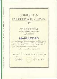 Jokioisten Tärkkelys ja Siirappi  Oy   10x 1 000 mk , osakekirja, Jokioinen 15.12.1943
