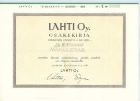 Lahti Oy 2000 mk , osakekirja, Lahti 31.12.1947