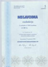 Megavoima Oy  5x1000 mk , osakekirja,Vammala 19.9.1990