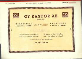 Rastor Oy, Litt B 5x 10000 mk , osakekirja, Helsinki  19.3.1953 / Teollisuuden Työteholiitto ry RASTOR perustettiin vuonna 1942 Suomen Teollisuusliiton