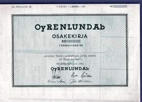 Renlund Oy, 1000 mk , osakekirja, Helsinki 27.6.1956