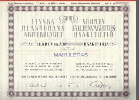 Suomen Jälleenvakuutus  Oyj    ,  Litt A 5000 mk , osakekirja, Helsinki 15.12.1952