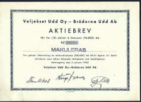 Veljekset Udd  Oy , 10 000 mk  osakekirja, Helsinki 2.1.1952