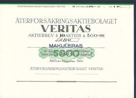 Veritas Återförsäkrings Ab , Litt  B  10x500 mk  osakekirja, Turku 10.11.1941