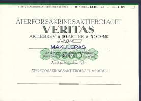 Veritas Återförsäkrings Ab , Litt  B  10x500 mk  osakekirja, Turku 10.11.1941
