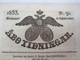 Åbo Tidningar 1833 nr 91, Onsdagen den 13. November, innehåller bl. a. följande artikel / annonser; Ytterligare om Gustaf II. Adolph såsom Psalmförfattare,