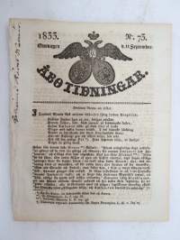 Åbo Tidningar 1833 nr 73, Onsdagen den 11. September, innehåller bl. a. följande artikel / annonser; Dödsfall: Gustaf Wasa och Augusta Charlotta barn till