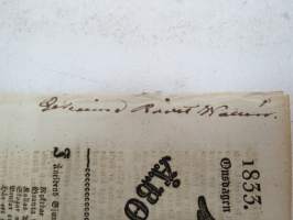 Åbo Tidningar 1833 nr 73, Onsdagen den 11. September, innehåller bl. a. följande artikel / annonser; Dödsfall: Gustaf Wasa och Augusta Charlotta barn till