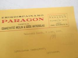 Erikoispainamo Paragon, Helsinki, 8.6.1922 -asiakirja / business document