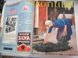 Kotiliesi 1933 -sidottu vuosikerta, kaikki kansikuvat (Rudolf Koivu) ja sisältöä näkyy kuvissa -family magazine, annual volume