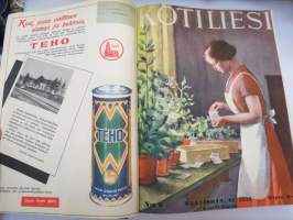 Kotiliesi 1933 -sidottu vuosikerta, kaikki kansikuvat (Rudolf Koivu) ja sisältöä näkyy kuvissa -family magazine, annual volume