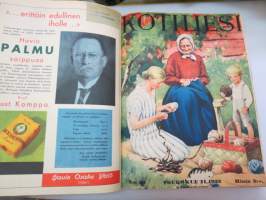 Kotiliesi 1933 -sidottu vuosikerta, kaikki kansikuvat (Rudolf Koivu) ja sisältöä näkyy kuvissa -family magazine, annual volume