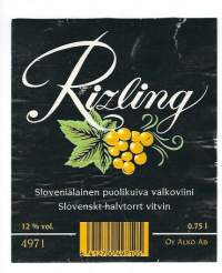 Rizling Slovenialainen valkoviini - viinaetiketti