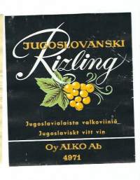Rizling Jugoslavialaista  valkoviiniä - viinaetiketti