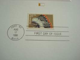 Shoshone, American Indian Headdresses, 1990, USA, Proof-kortti, FDC, koko 15 cm x 22,5 cm.  Katso myös muut kohteeni mm. noin 1500 erilaista ensipäiväkuorta.