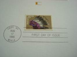Flathead, American Indian Headdresses, 1990, USA, Proof-kortti, FDC, koko 15 cm x 22,5 cm.  Katso myös muut kohteeni mm. noin 1500 erilaista ensipäiväkuorta.