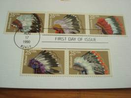 Historic American Indian Headdresses, 1990, USA, Proof-kortti, FDC, koko 15 cm x 22,5 cm.  Katso myös muut kohteeni mm. noin 1500 erilaista ensipäiväkuorta.