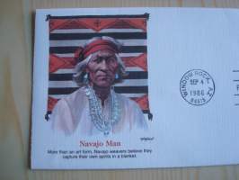 Navajo Man, intiaani, 1986, USA, ensipäiväkuori, FDC.  Katso myös muut kohteeni mm. noin 1500 erilaista ensipäiväkuorta.