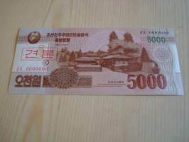 2013 ja 2017 Pohjois-Korea 5000 Won Specimen setelit, käyttämättömiä ja aitoja, UNC, harvinainen pari. Katso myös muut kohteeni.