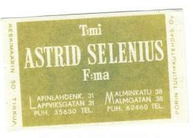 Astrid Selenius F:ma Lapinlahdenkatu -  tulitikkuetiketti