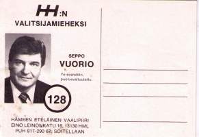 Postikortti: Harri Holkeri  presidentiksi. Valitsija  mies Seppo  Vuorio  Hämeen  eteläisestä  vaalipiiristä