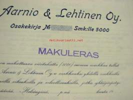 Aarnio &amp; Lehtinen Oy, Helsinki, 5 000 mk -osakekirja