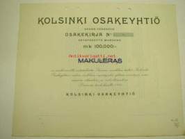 Kolsinki Oy, Porvoo 1938, 100 000 mk -osakekirja
