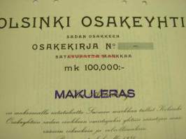 Kolsinki Oy, Porvoo 1938, 100 000 mk -osakekirja