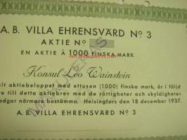 A.B. Villa Ehrensvärd nr 3 / Konsul Leo Weinstein, Helsinki 1937, 1 000 mk -osakekirja