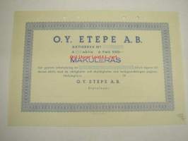 Oy Etepe Ab, Helsinki, 500 mk -osakekirja