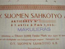 Oy Suomen Sähkötyö Ab, Helsinki, 1 000 mk -osakekirja