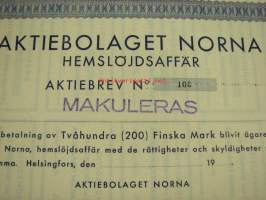 Aktiebolaget Norna Hemslöjdsaffär, Helsinki, 200 mk -osakekirja